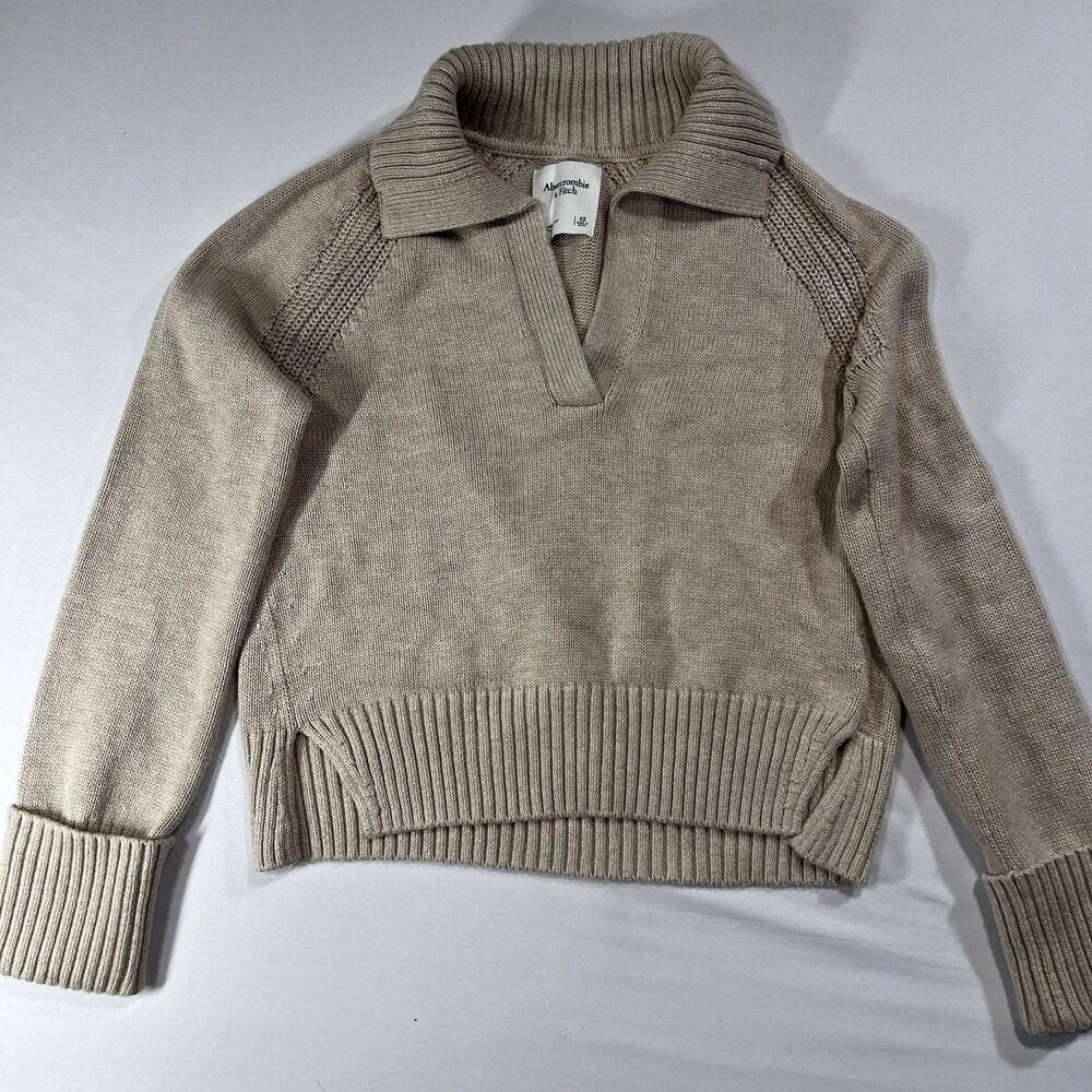 Abercrombie & Fitch Knit Polo Sweater Womens XS Beige Split Collar Cotton Top